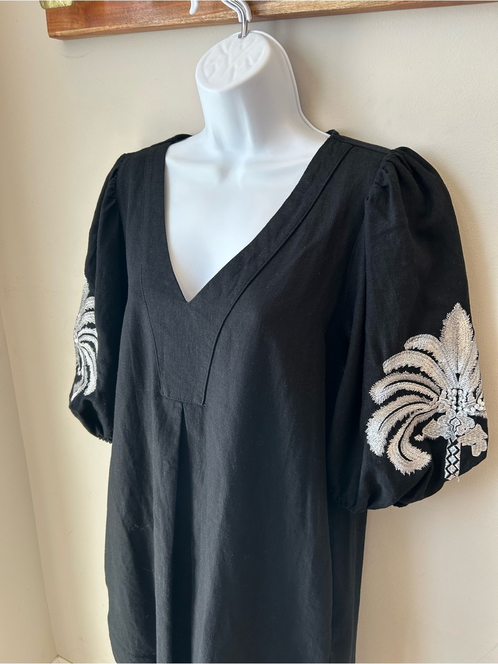 Halston Resortcore Linen Blend Palm Embroidered Puff Sleeve Dress Size Large